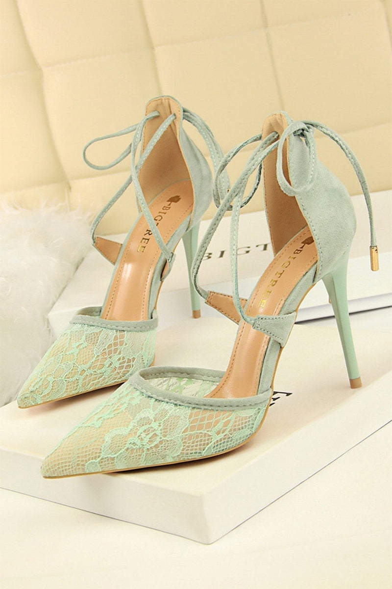 Load image into Gallery viewer, Shallow Pointed Toe Mesh Lace Cross Strap High Heels