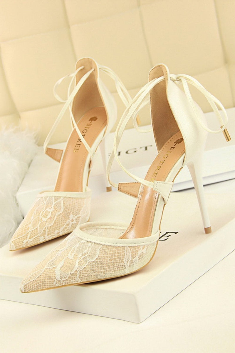 Load image into Gallery viewer, Shallow Pointed Toe Mesh Lace Cross Strap High Heels