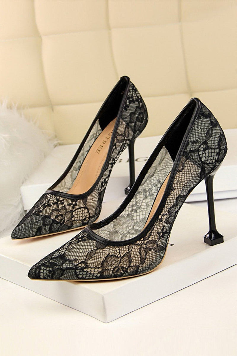 Load image into Gallery viewer, Black Lace Stiletto Pointy Heels