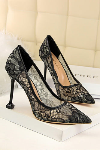 Black Lace Stiletto Pointy Heels