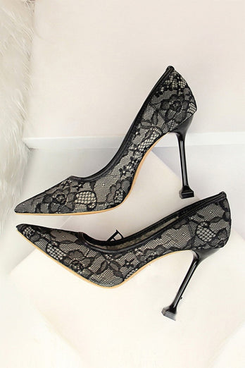 Black Lace Stiletto Pointy Heels