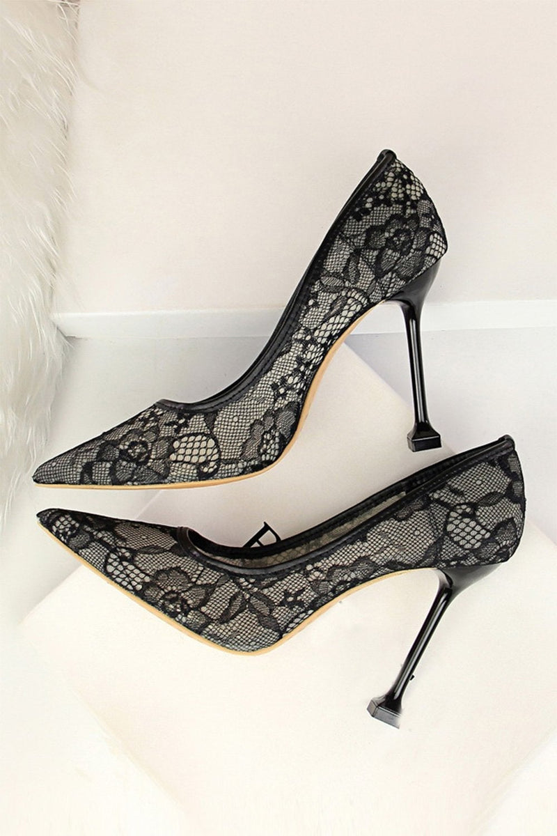 Load image into Gallery viewer, Black Lace Stiletto Pointy Heels