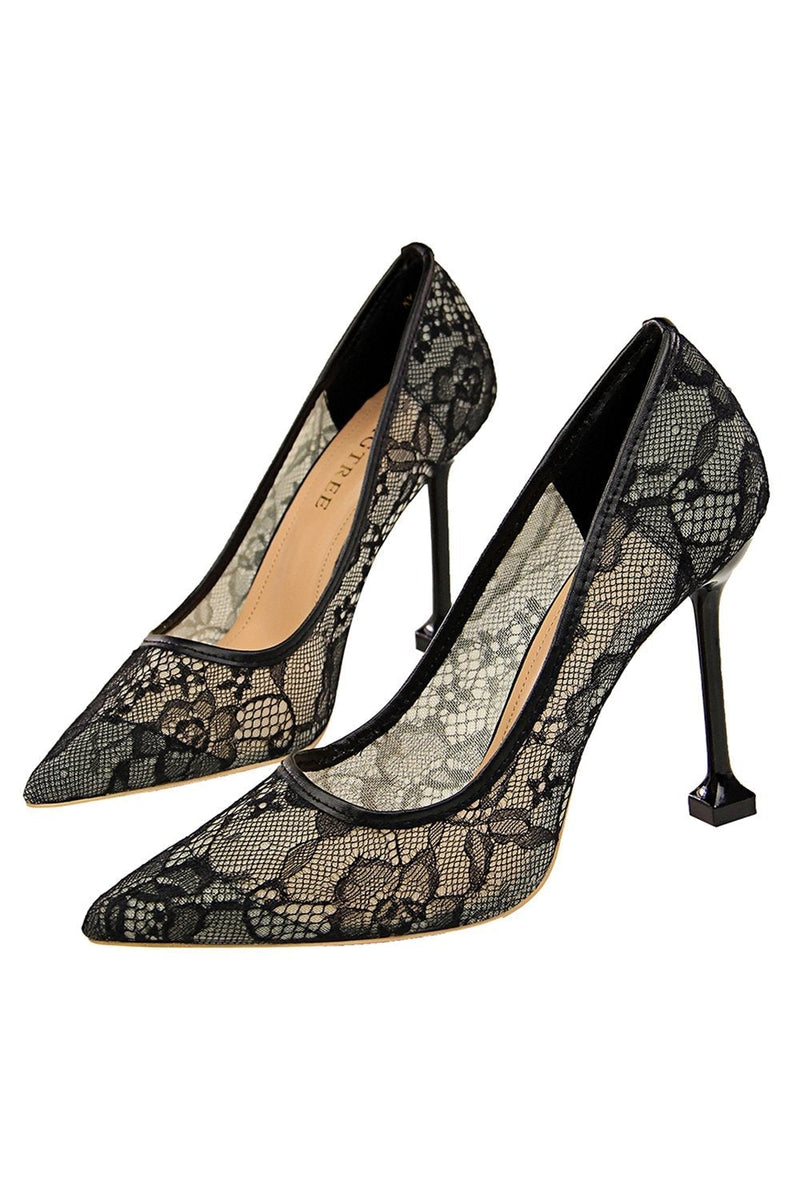 Load image into Gallery viewer, Black Lace Stiletto Pointy Heels