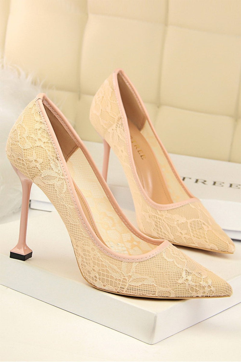 Load image into Gallery viewer, Black Lace Stiletto Pointy Heels