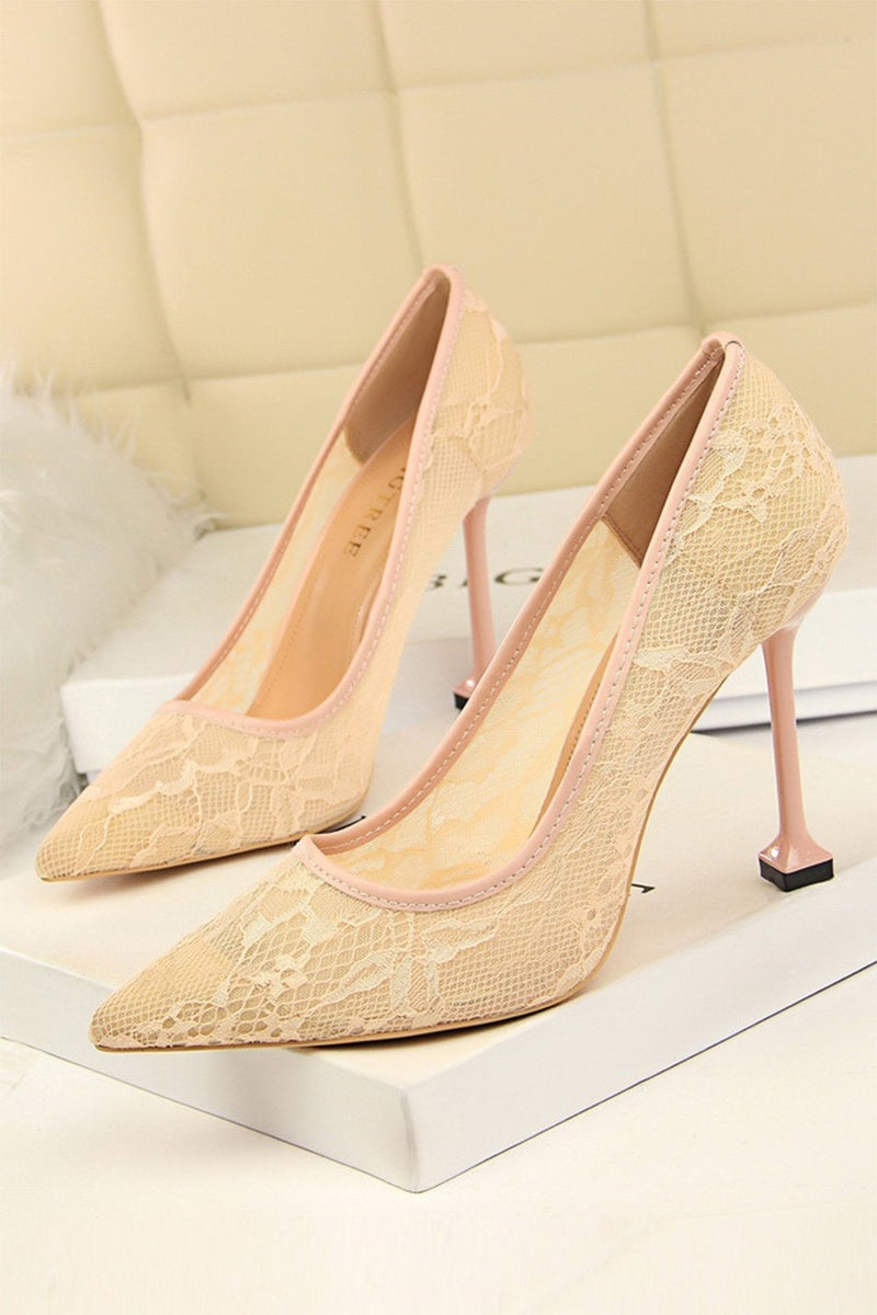 Load image into Gallery viewer, Black Lace Stiletto Pointy Heels