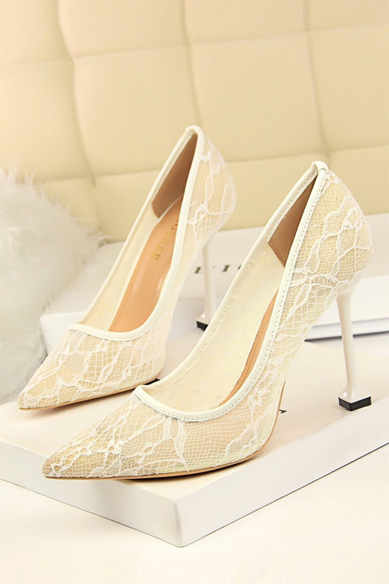 Load image into Gallery viewer, Black Lace Stiletto Pointy Heels