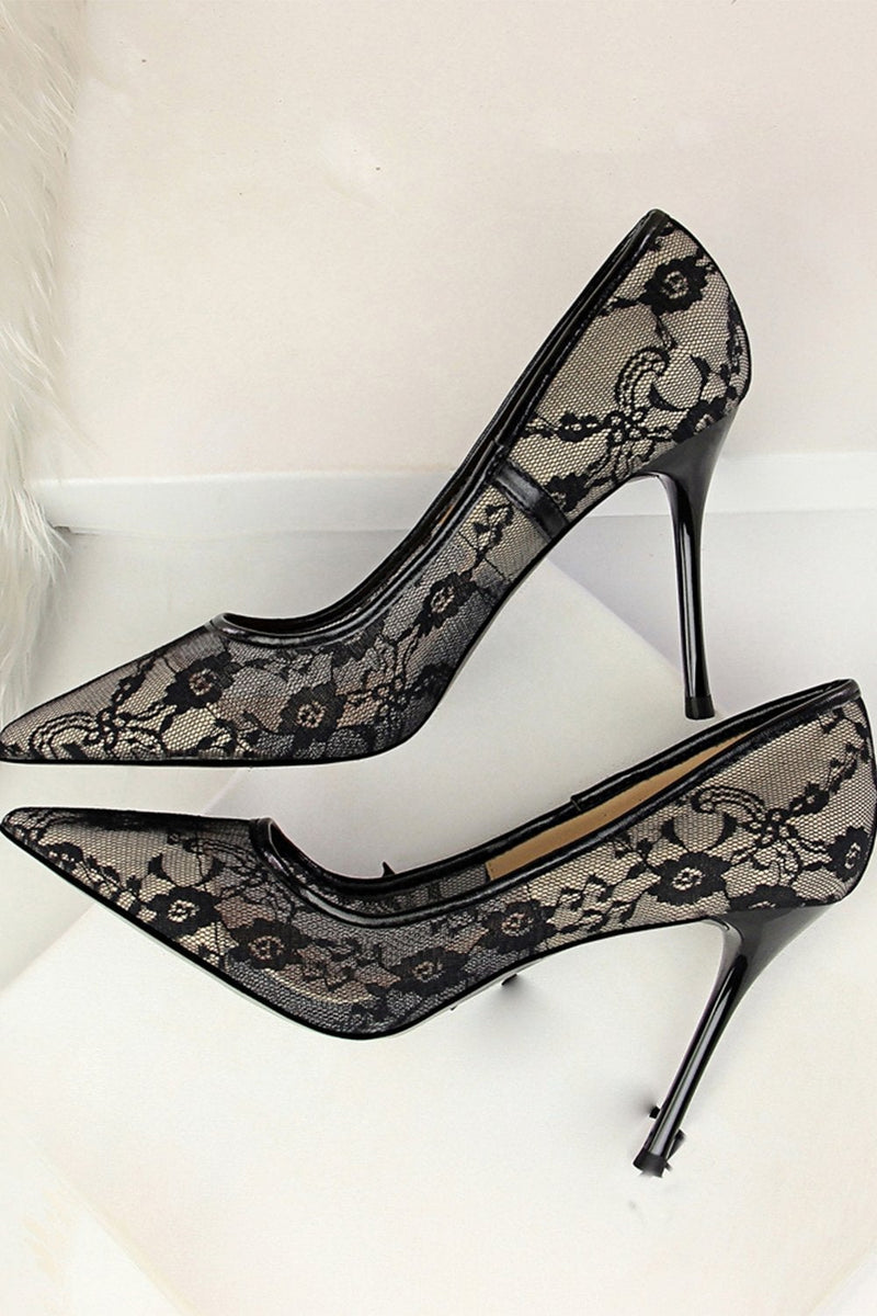 Load image into Gallery viewer, Black Flower Lace Stiletto Heels