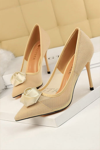 Mesh Hollow Satin Rose Flower Stiletto Heels