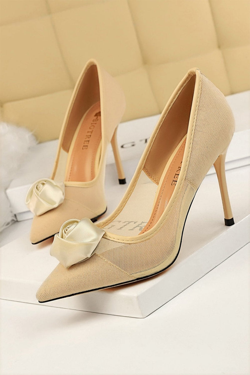 Load image into Gallery viewer, Mesh Hollow Satin Rose Flower Stiletto Heels