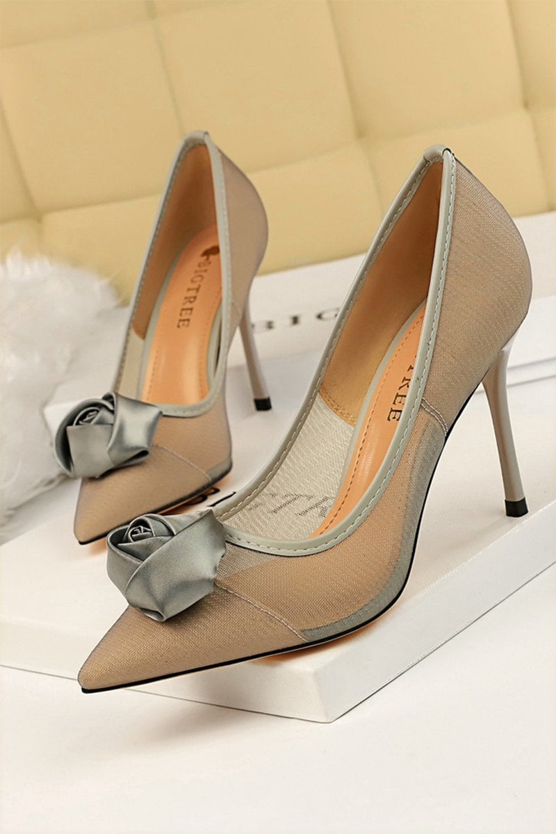 Load image into Gallery viewer, Mesh Hollow Satin Rose Flower Stiletto Heels