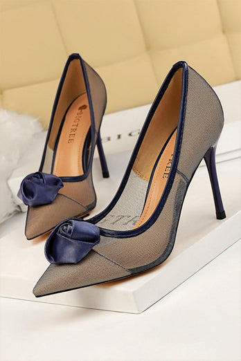 Mesh Hollow Satin Rose Flower Stiletto Heels