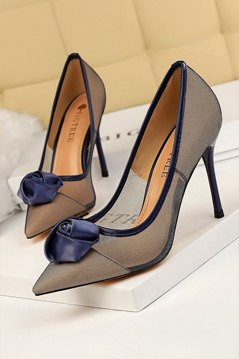 Load image into Gallery viewer, Mesh Hollow Satin Rose Flower Stiletto Heels