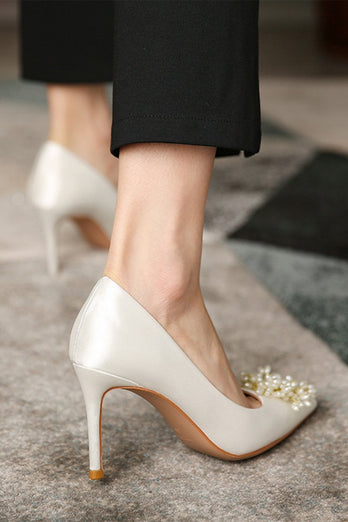 Beaded White Stiletto Pointy Heels