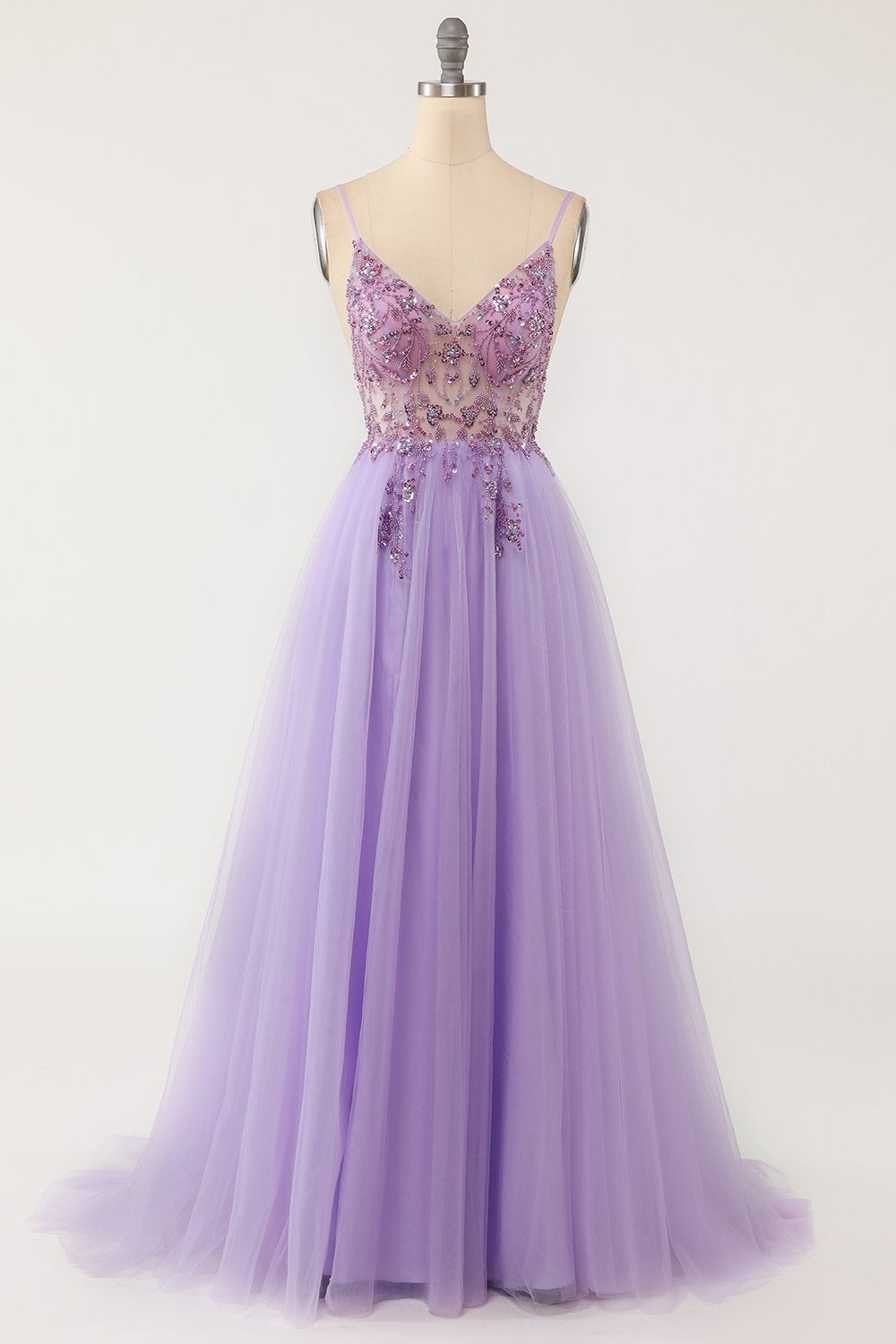 Purple Beaded Tulle A-line Long Prom Dress