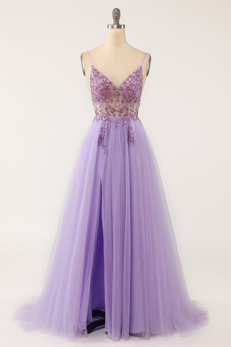 Load image into Gallery viewer, Purple Beaded Tulle A-line Long Prom Dress