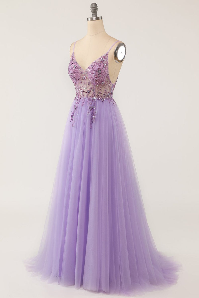 Load image into Gallery viewer, Purple Beaded Tulle A-line Long Prom Dress