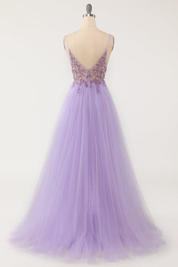 Purple Beaded Tulle A-line Long Prom Dress