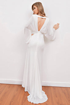 White V Neck Boho Wedding Dress with Open Back