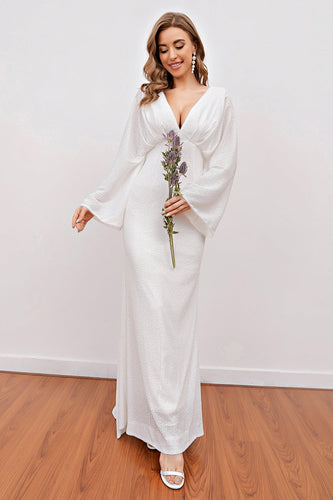 White V Neck Boho Wedding Dress with Open Back