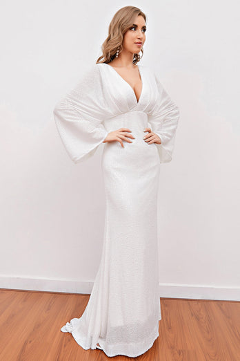 White V Neck Boho Wedding Dress with Open Back