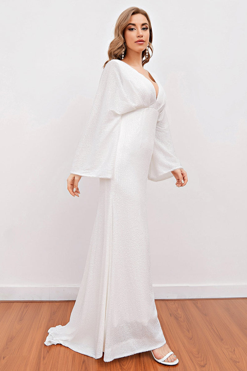 Load image into Gallery viewer, White V Neck Boho Wedding Dress with Open Back