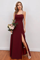 Load image into Gallery viewer, Burgundy Spaghetti Straps Long Bridesmaid Dress with Split