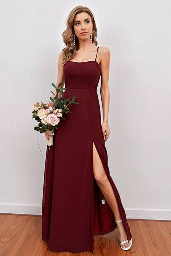 Burgundy Spaghetti Straps Long Bridesmaid Dress with Split