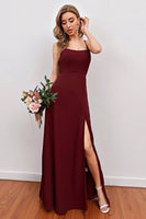 Load image into Gallery viewer, Burgundy Spaghetti Straps Long Bridesmaid Dress with Split