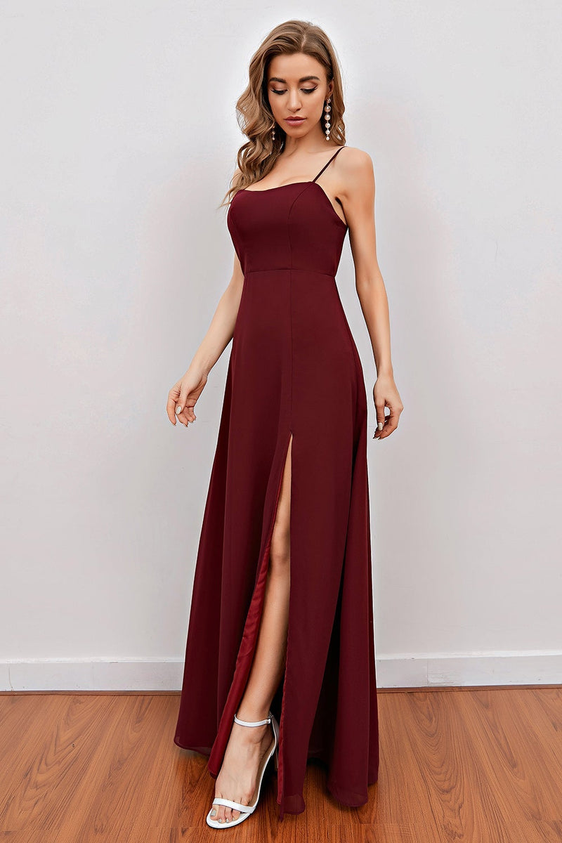Load image into Gallery viewer, Burgundy Spaghetti Straps Long Bridesmaid Dress with Split