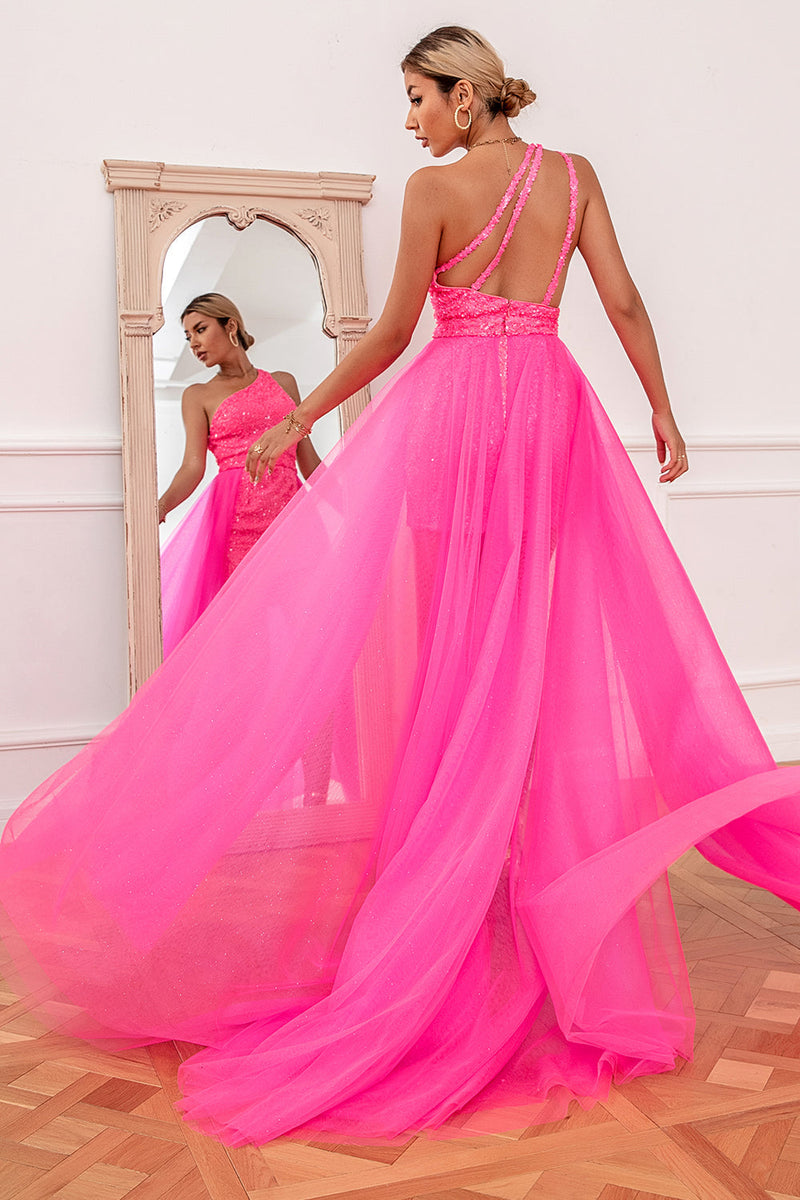Load image into Gallery viewer, Convertible Hot Pink One Shoulder Glitter Prom Dress