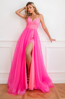 Load image into Gallery viewer, Convertible Spaghetti Straps Fuchsia Prom Dress with Slit