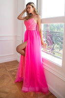Load image into Gallery viewer, Convertible Spaghetti Straps Fuchsia Prom Dress with Slit