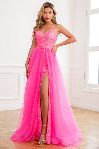 Convertible Spaghetti Straps Fuchsia Prom Dress with Slit