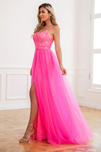 Convertible Spaghetti Straps Fuchsia Prom Dress with Slit