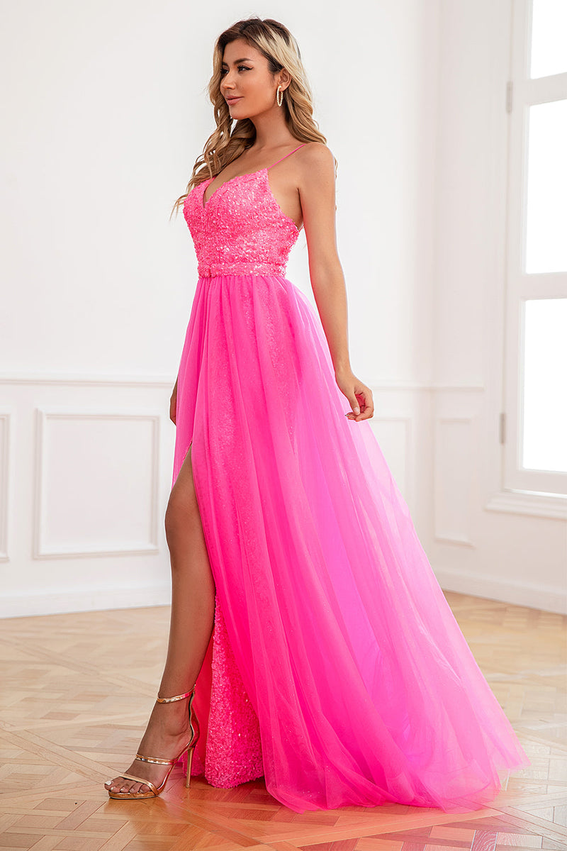 Load image into Gallery viewer, Convertible Spaghetti Straps Fuchsia Prom Dress with Slit