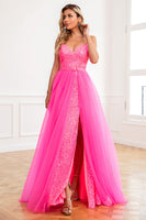 Load image into Gallery viewer, Convertible Spaghetti Straps Fuchsia Prom Dress with Slit