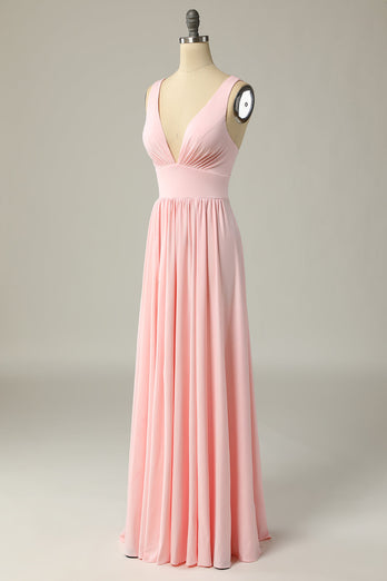 Classic A Line V Neck Yellow Long Prom Dress with Slit