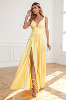 Load image into Gallery viewer, Classic A Line V Neck Yellow Long Prom Dress with Slit