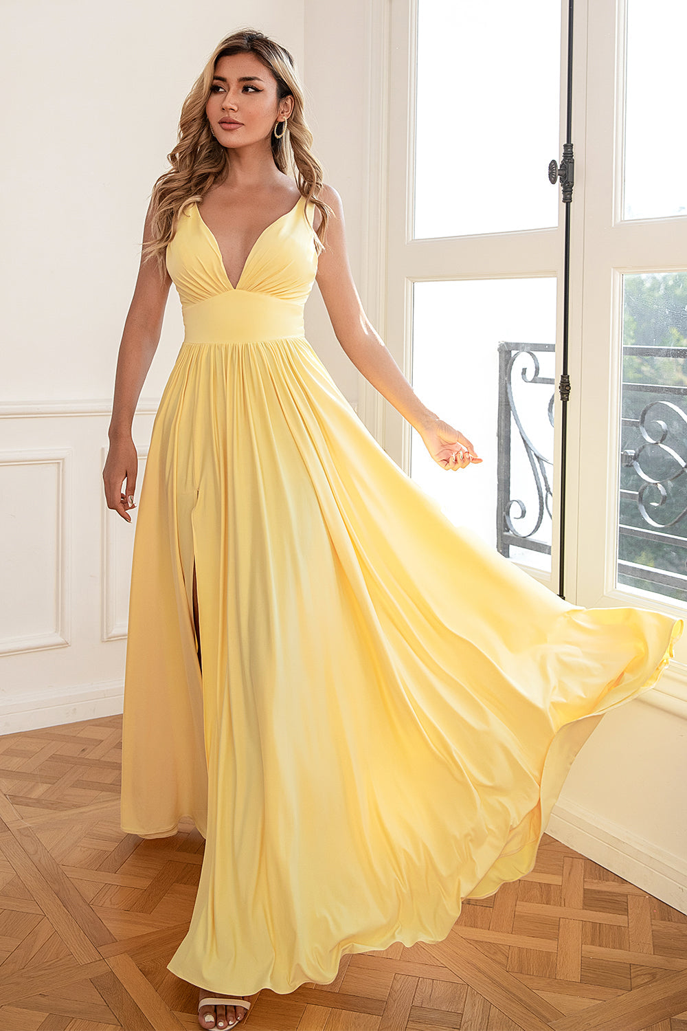 Classic A Line V Neck Yellow Long Prom Dress with Slit