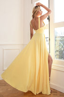 Load image into Gallery viewer, Classic A Line V Neck Yellow Long Prom Dress with Slit