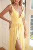 Load image into Gallery viewer, Classic A Line V Neck Yellow Long Prom Dress with Slit