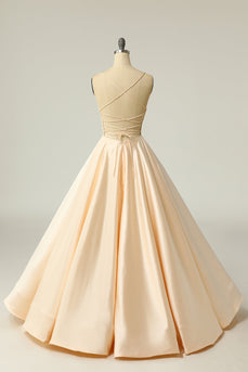 Champagne Backless A Line Satin Prom Dress