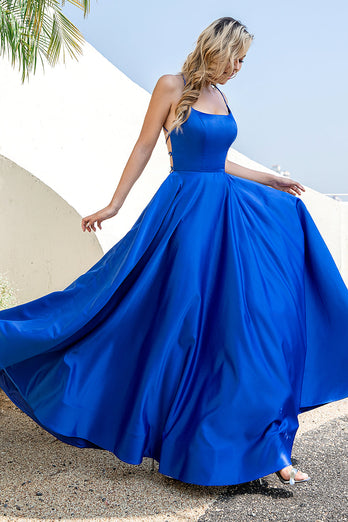 Royal Blue Backless Satin Prom Dress