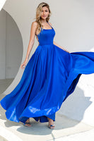 Load image into Gallery viewer, Royal Blue Backless Satin Prom Dress