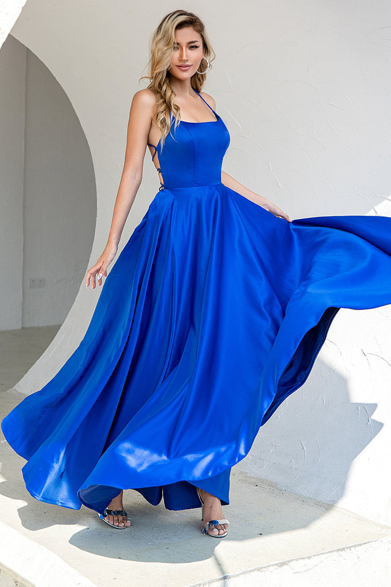 Load image into Gallery viewer, Royal Blue Backless Satin Prom Dress