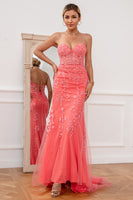 Load image into Gallery viewer, Coral Tulle Mermaid Prom Dress with Applique