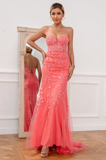 Coral Tulle Mermaid Prom Dress with Applique