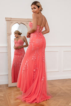 Coral Tulle Mermaid Prom Dress with Applique