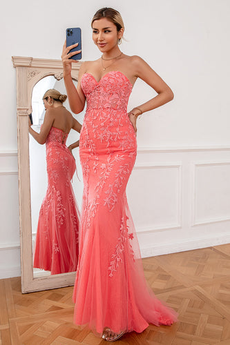 Coral Tulle Mermaid Prom Dress with Applique