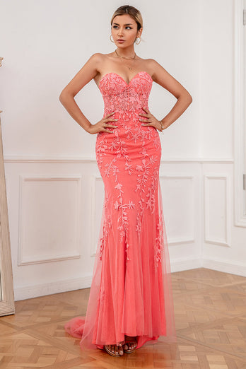 Coral Tulle Mermaid Prom Dress with Applique